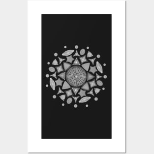 Black and White Diatom Mandala Posters and Art